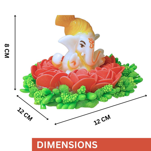 Tiny Shiny Lord Ganesha Idol on Red Rose and Green Flower Decorative Plate