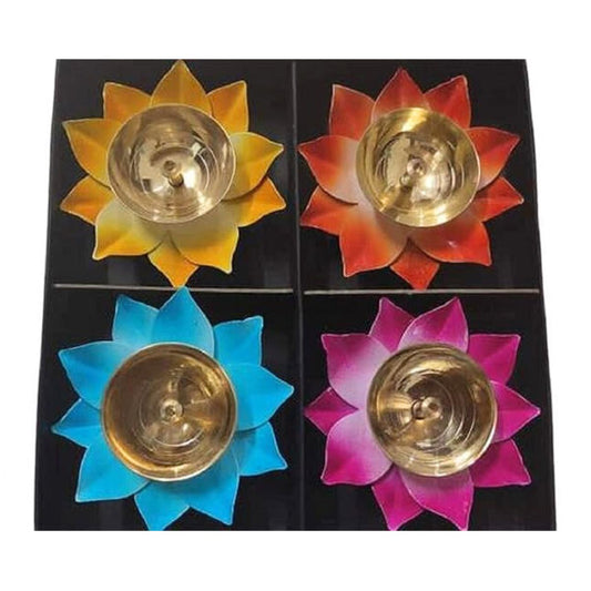 4 Pc Brass Diya Lotus Oil Lamp Set