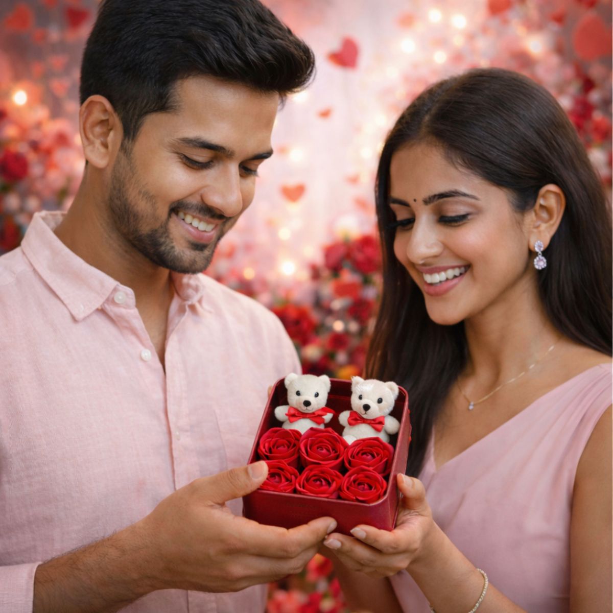 Red Square Shape Box with 6 Red Roses, 2 Teddy
