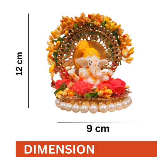Tiny Shiny Lord Ganesha Idol with Golden Circular Arch and Pearl Bead Plate
