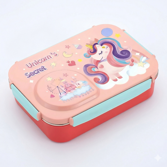 Steel Lunch Lunch Box, 750 ml with 150ml Bowl, BPA Free and Leak Proof, 3 Compartment airtight, with a Spoon & Chopsticks,Unicorn Cartoon Design, Pink, Premium Lunch Box