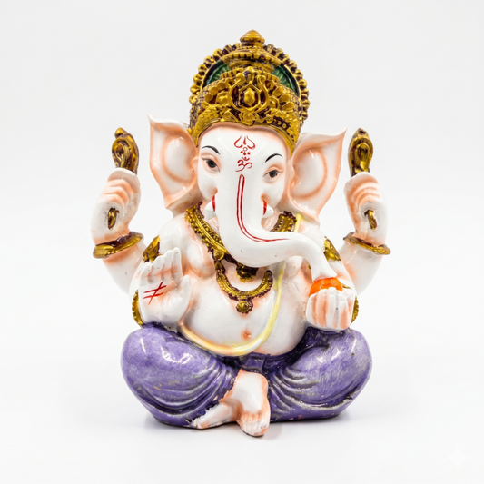 Serene White Marble Finish Lord Ganesha Idol - Elegant Purple & Gold Accents (13.5 cm) | Premium Gifting & Home Decor