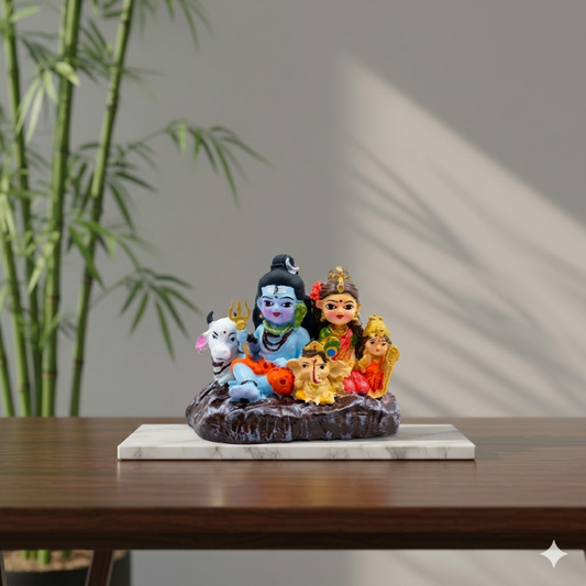 Divine Shiv Parivar Miniature Idol - Shiva, Parvati, Ganesha, Kartikeya & Nandi | Hand-Painted Spiritual Decor (7.5 cm)