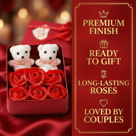 Red Square Shape Box with 6 Red Roses, 2 Teddy