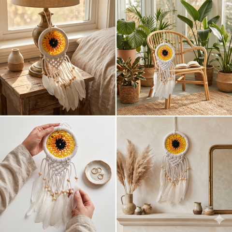 Handmade Evil Eye Dreamcatcher Wall Hanging – Blue & White Crochet Dream Catcher with Feathers & Beads – Boho Home Décor, Protection & Good Luck Charm