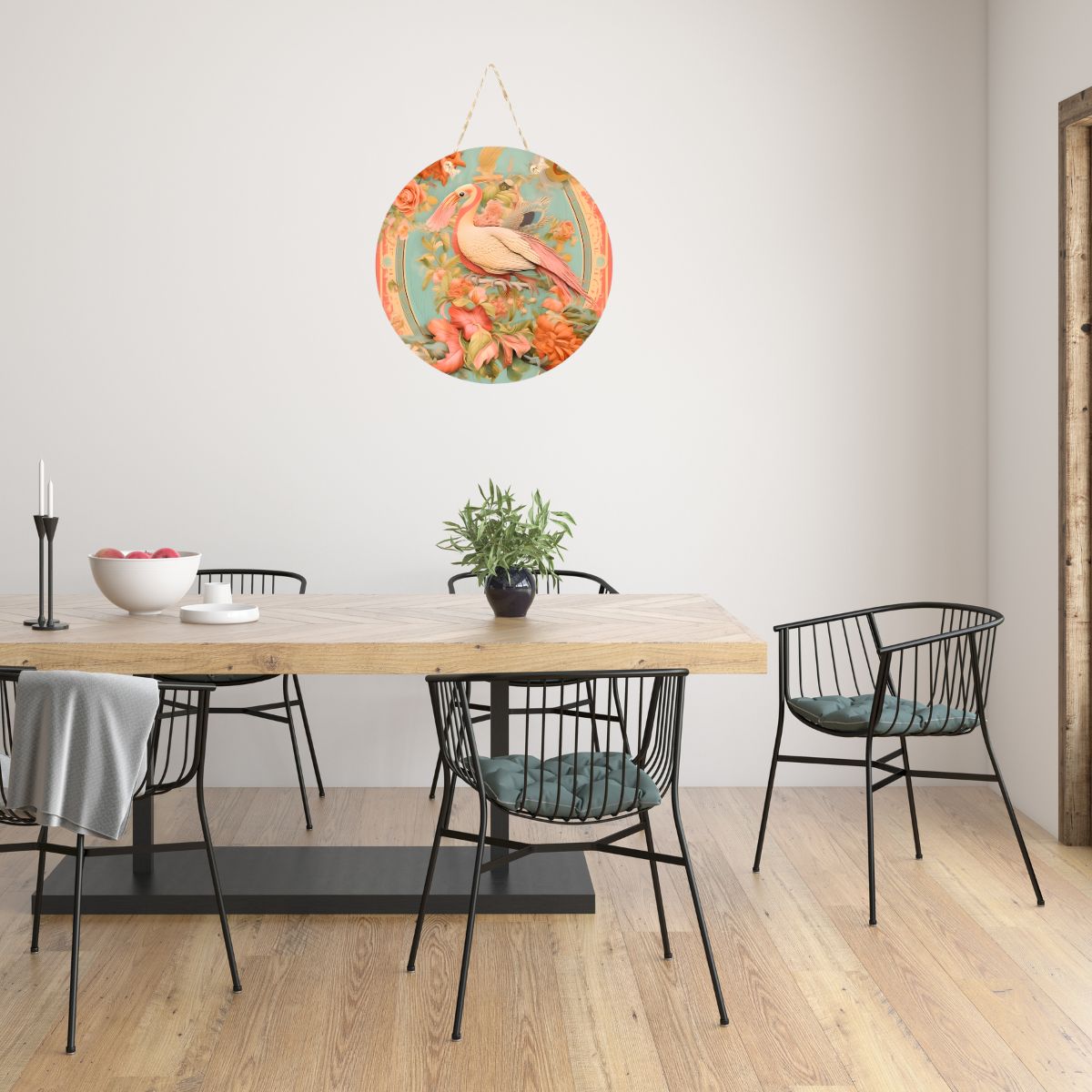 Flamingo Floral Round Hanging Wall Plaque for Home Décor