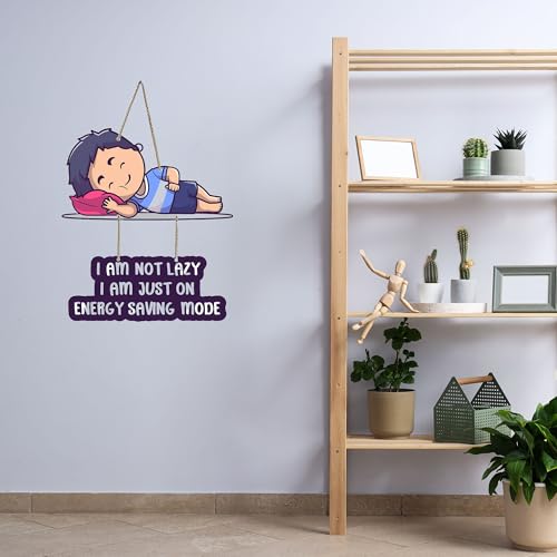 I Am Not Lazy I Am Just on Energy Saving Mode Wooden Wall Hanging | Sleeping Boy Decorative Wall Hanging for Bedroom | Kids Room | Fun Quote Art for Gift and Home Decoration