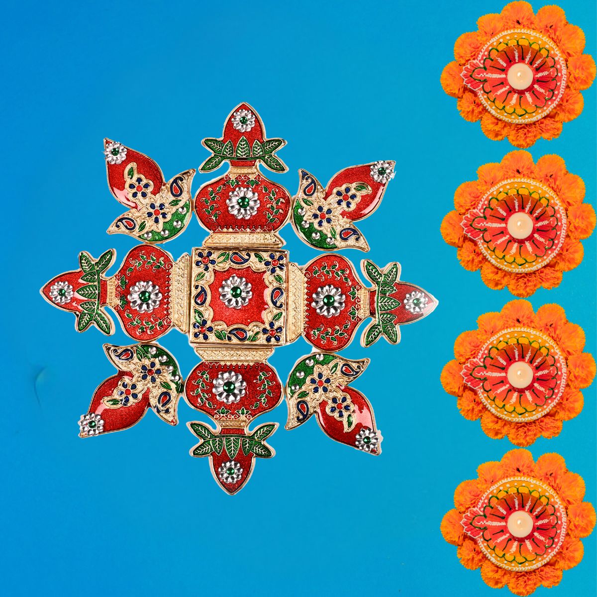 Kalash and Diya Meena Stone Rangoli