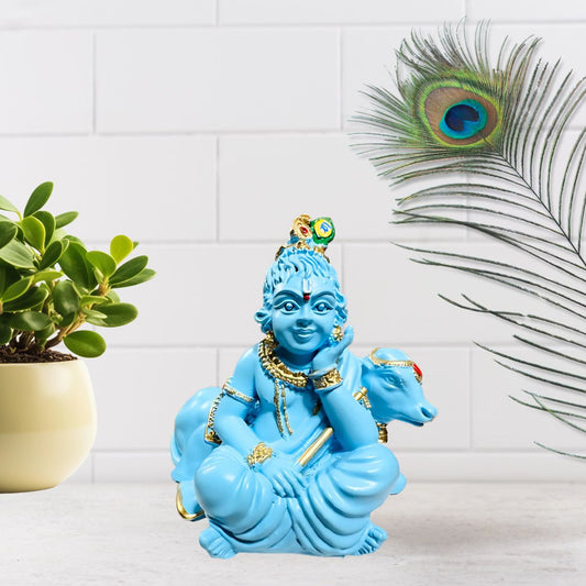 Tiny Shiny Bal Gopal with Cow Murti Statue