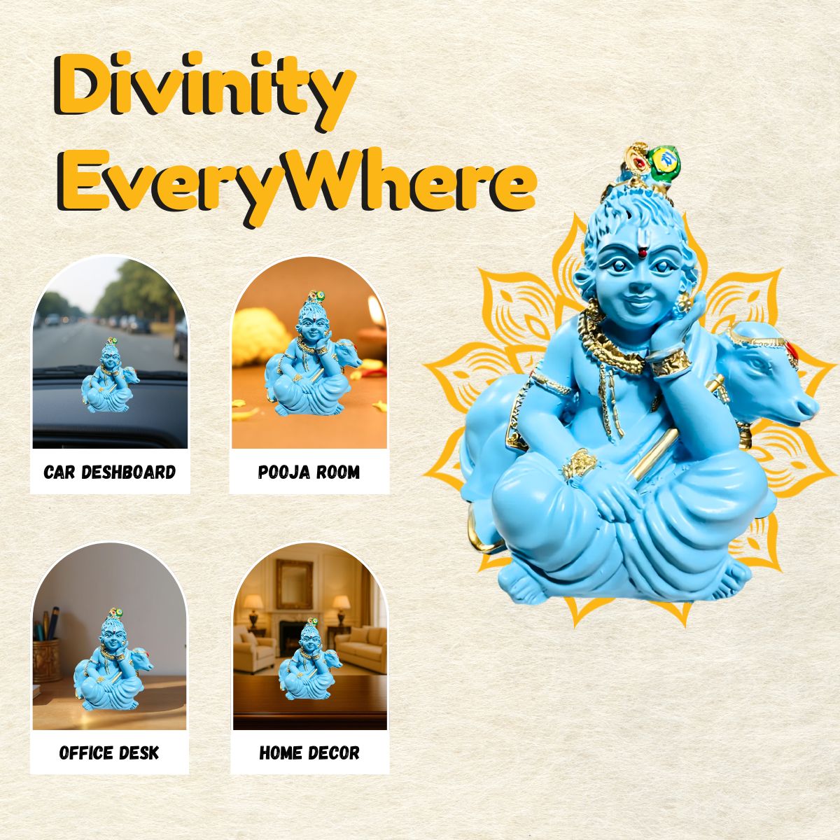 Tiny Shiny Bal Gopal with Cow Murti Statue