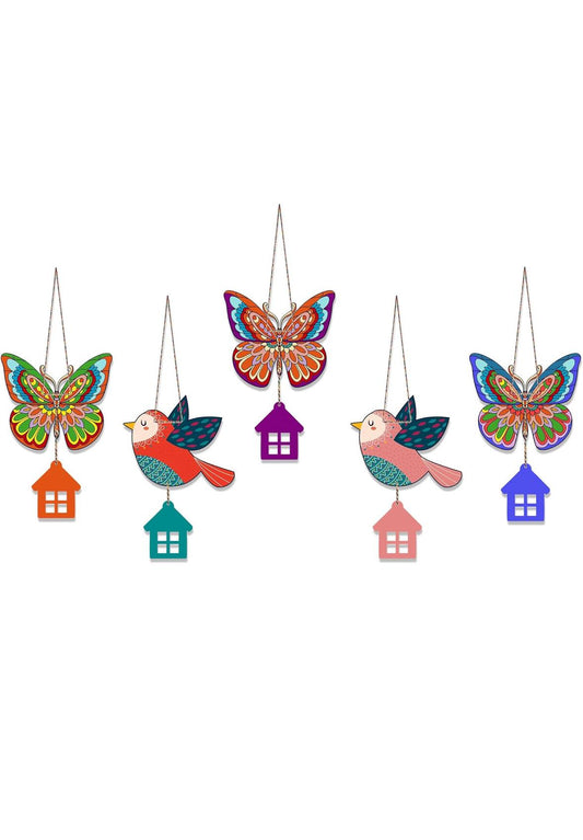 Colorful Bird & Butterfly Hanging Wall Decor with House Charms