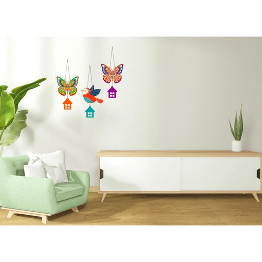 Colorful Butterfly & Bird Hanging Wall Decor Set with House Charms