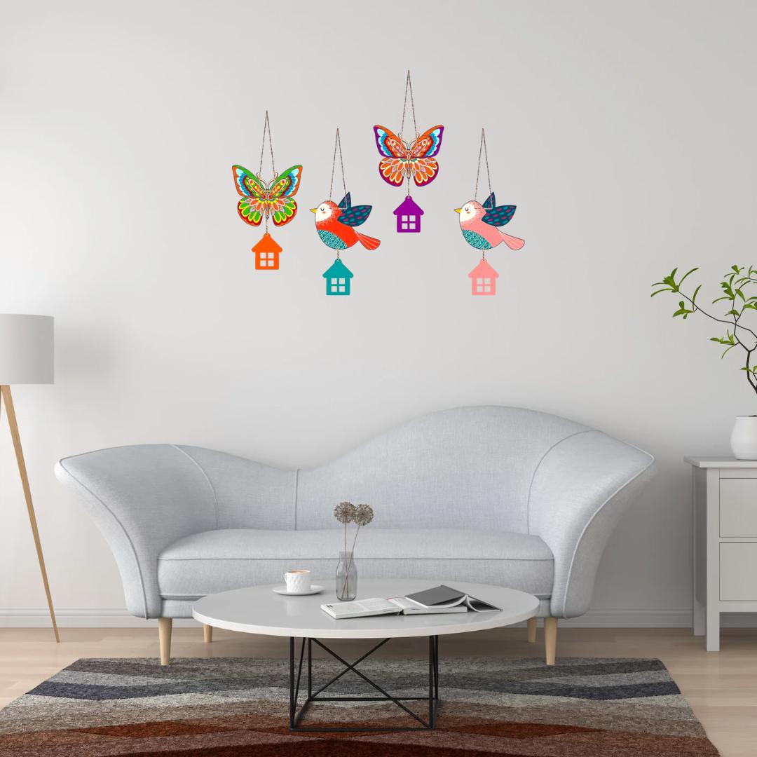 Colorful Butterfly & Bird Hanging Wall Decor Set with House Charms