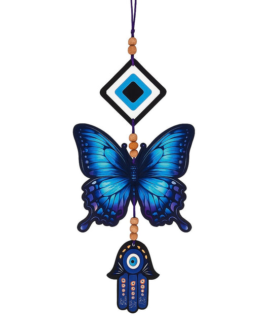 Blue Butterfly Evil Eye Hanging Wall Decor with Hamsa Hand Charm