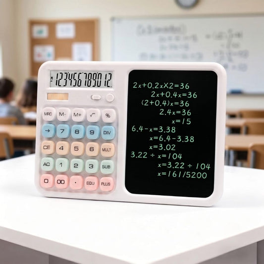 TINYSHINY 2-in-1 Calculator with LCD Writing Tablet | 12-Digit Desktop Calculator & 7-Inch Reusable Writing Pad | Large Display, One-Click Clear, Anti-Erase Lock, Portable for Students, Office & Business