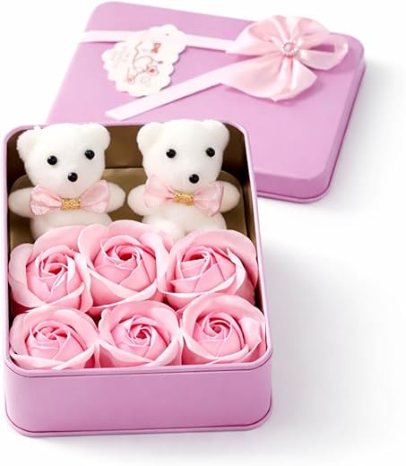 Premium Valentine Pink Square Shape Box with 6 Pink Roses, 2 Teddy- Valentine Gift for Girlfriend/Boyfriend/Wife/Husband