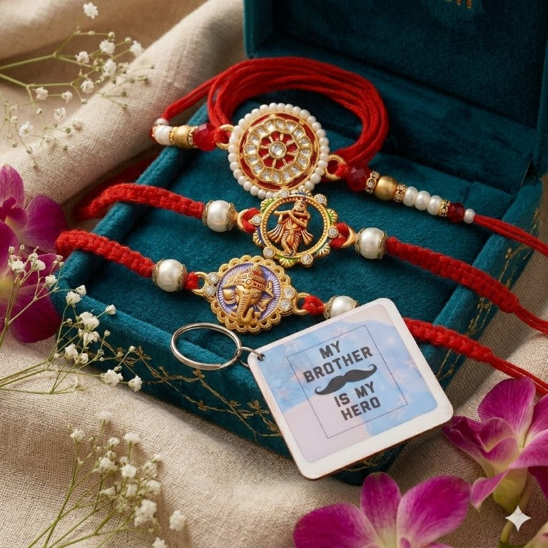 Rakhi Gift Set for Bhai with 3 Krishna Ganesha Rakhi Set, Roli Chawa, Sipra, Key Chain and chocolate box