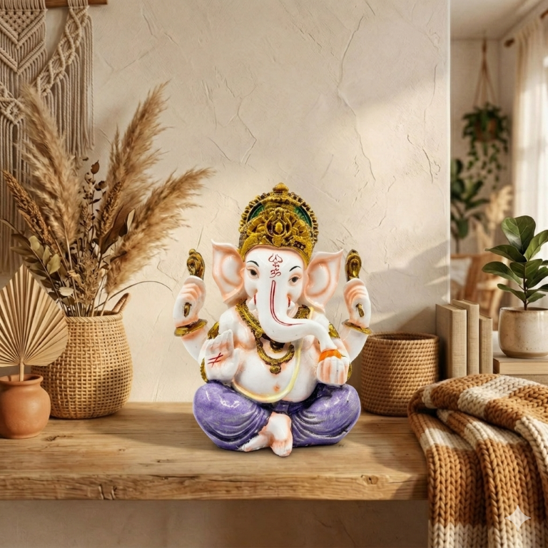 Serene White Marble Finish Lord Ganesha Idol - Elegant Purple & Gold Accents (13.5 cm) | Premium Gifting & Home Decor