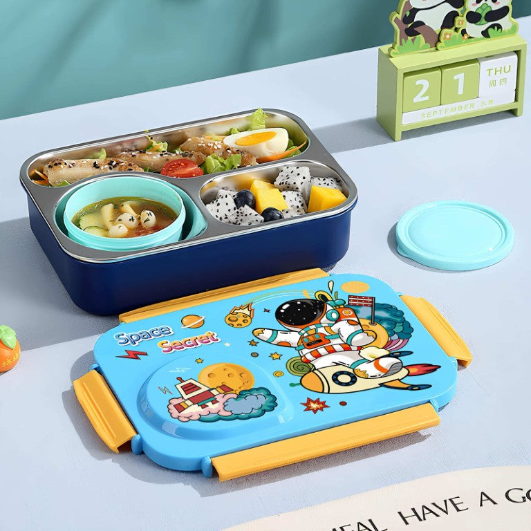 Steel Lunch Lunch Box, 750 ml with 150ml Bowl, BPA Free and Leak Proof, 3 Compartment airtight, with a Spoon & Chopsticks,Astronaut & Rocket Design, Pink, Premium Lunch Box