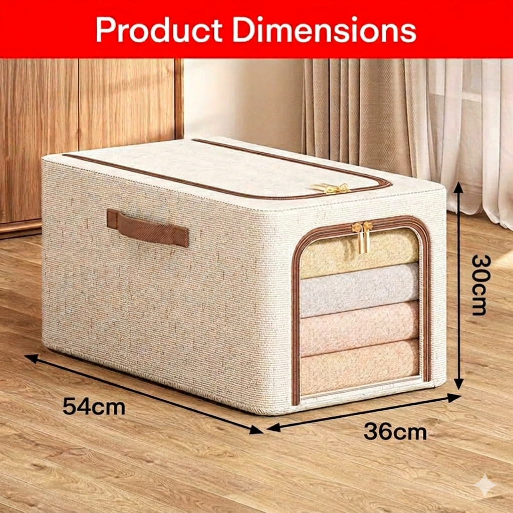 Tiny Shiny Clothes Storage Bins with Metal Frame  and Handle — 56 Litre Quilt Organizer Box |  Pack of 2 | Beige