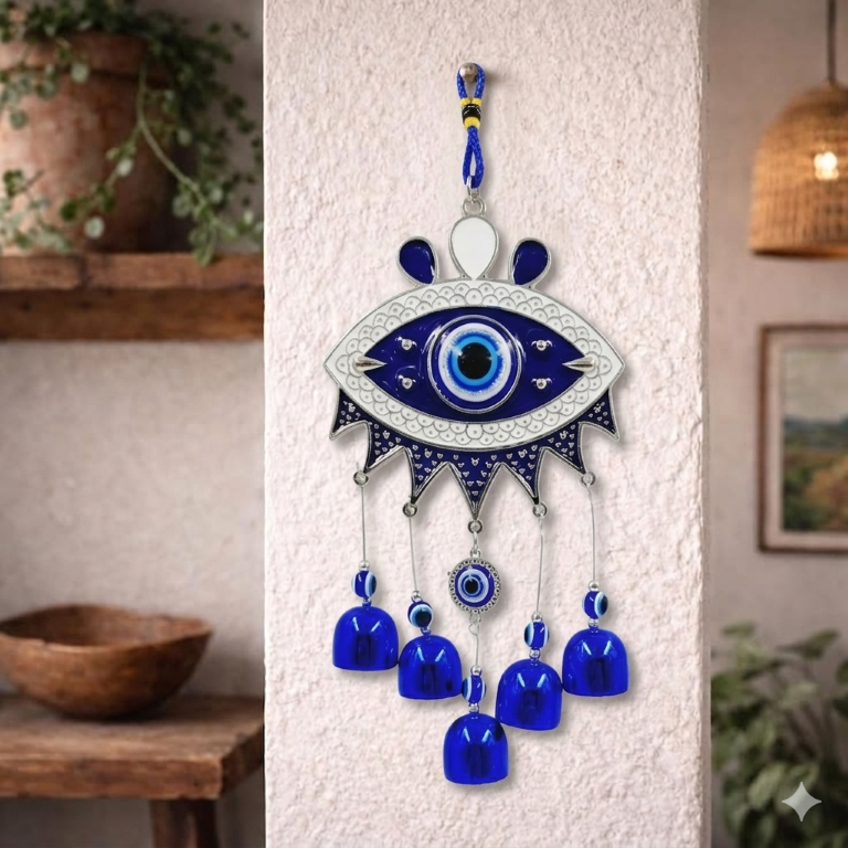 Evil Eye Hanging Nazar Battu for Home House Entrance Protection Door Decoration, Car Mirror Hanging, Housewarming Gift (Wind Chime Evil Eye)