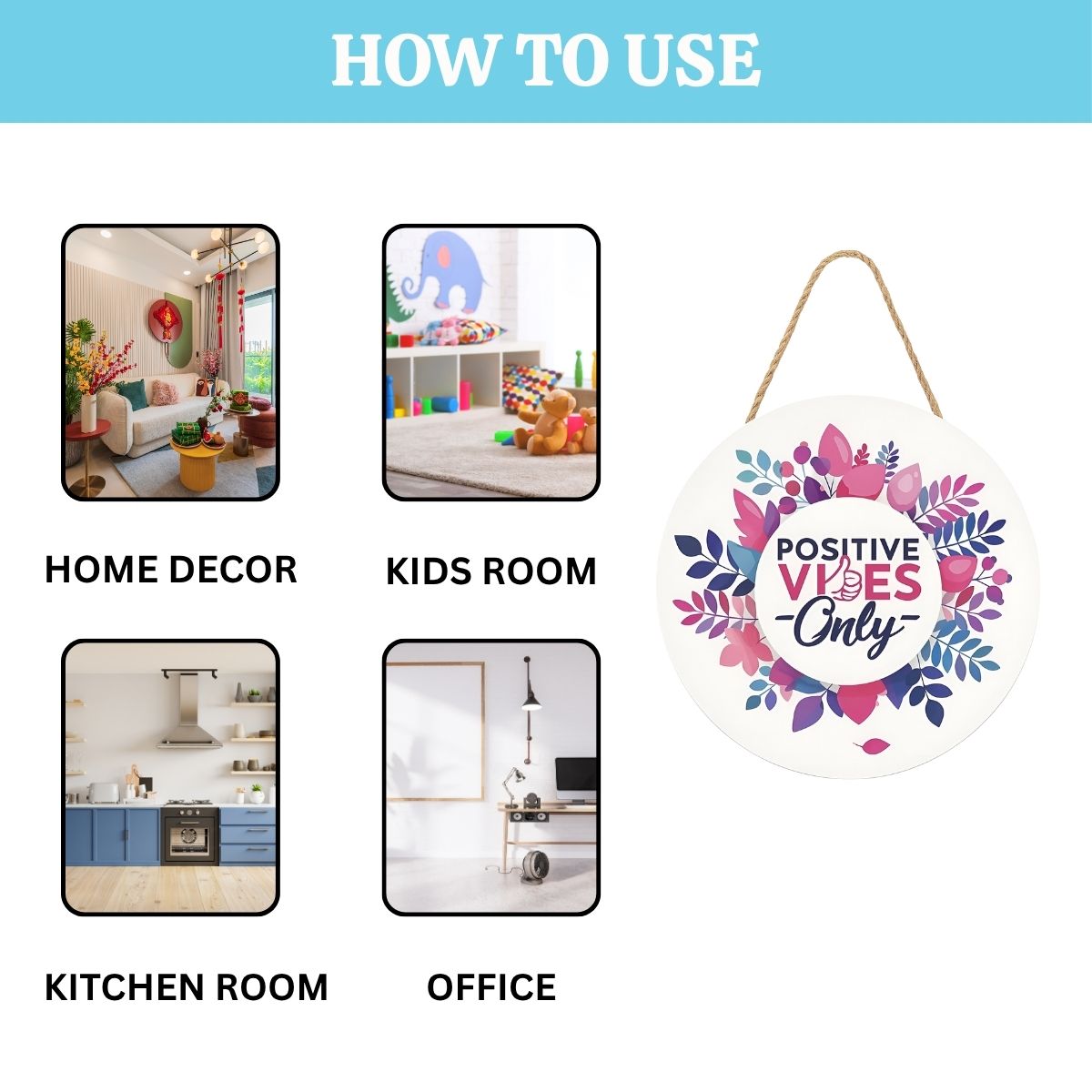 Positive Vibes Only Floral Wooden Hanging Wall Plaque for Home Décor