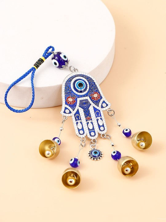 Hamsa Hand Evil Eye Wind Chimes for Good Luck Prosperity, Zodiac Success, Health Wealth Evil Eye Charm for Balcony, Home Entrance, Living Room Handcrafted Home Decor for Gift (Blue)