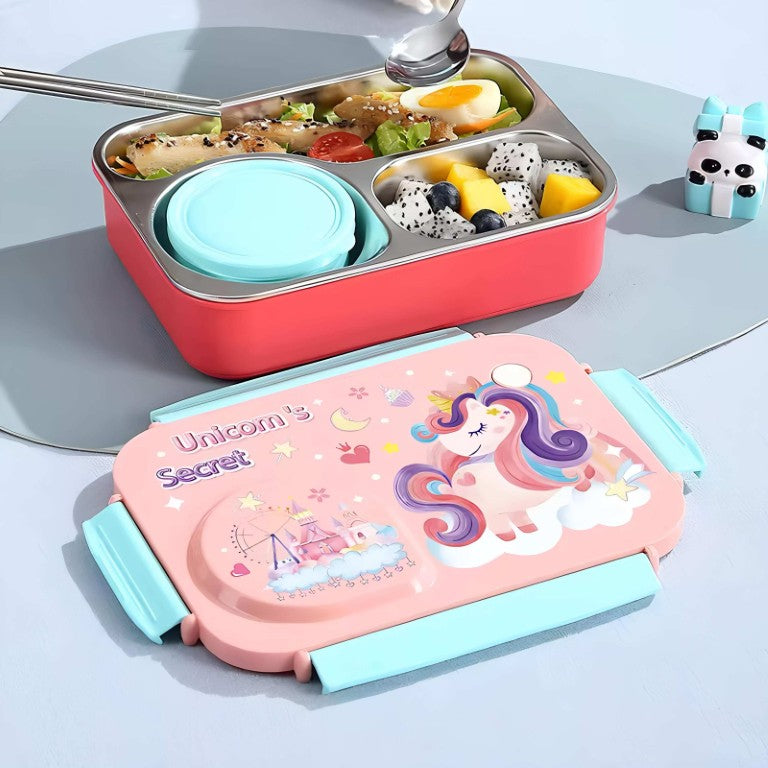 Steel Lunch Lunch Box, 750 ml with 150ml Bowl, BPA Free and Leak Proof, 3 Compartment airtight, with a Spoon & Chopsticks,Unicorn Cartoon Design, Pink, Premium Lunch Box