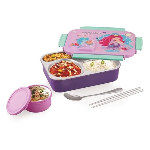 Steel Lunch Lunch Box, 750 ml with 150ml Bowl, BPA Free and Leak Proof, 3 Compartment airtight, with a Spoon & Chopsticks,Mermaid Cartoon Design, Pink, Premium Lunch Box