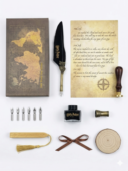 Harri Potter Style Feather Quill Pen Calligraphy Writing Set with Ink Bottle & Metal Nibs | Vintage Magic Wizard Writing Gift Set for Journaling & Creative Writing (Multicolor)