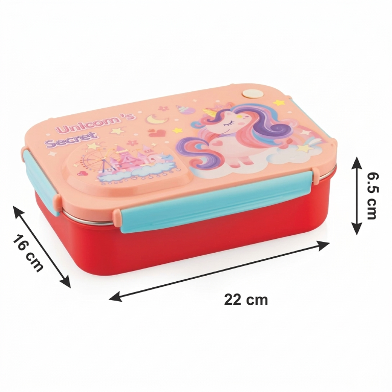 Steel Lunch Lunch Box, 750 ml with 150ml Bowl, BPA Free and Leak Proof, 3 Compartment airtight, with a Spoon & Chopsticks,Unicorn Cartoon Design, Pink, Premium Lunch Box