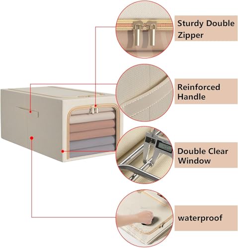 Tiny Shiny Foldable Steel Frame Linen Clothes  Storage Box with Handle — Wardrobe Organizer  for Bedroom and Home | Pack of 3 | Beige