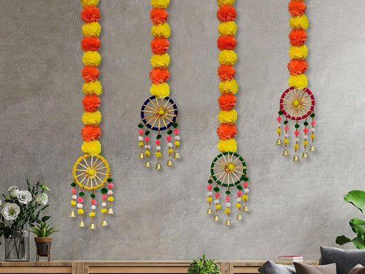 Tiny Shiny Artificial Marigold Fluffy Flowers Garland String with Bells Ring Pom Pom