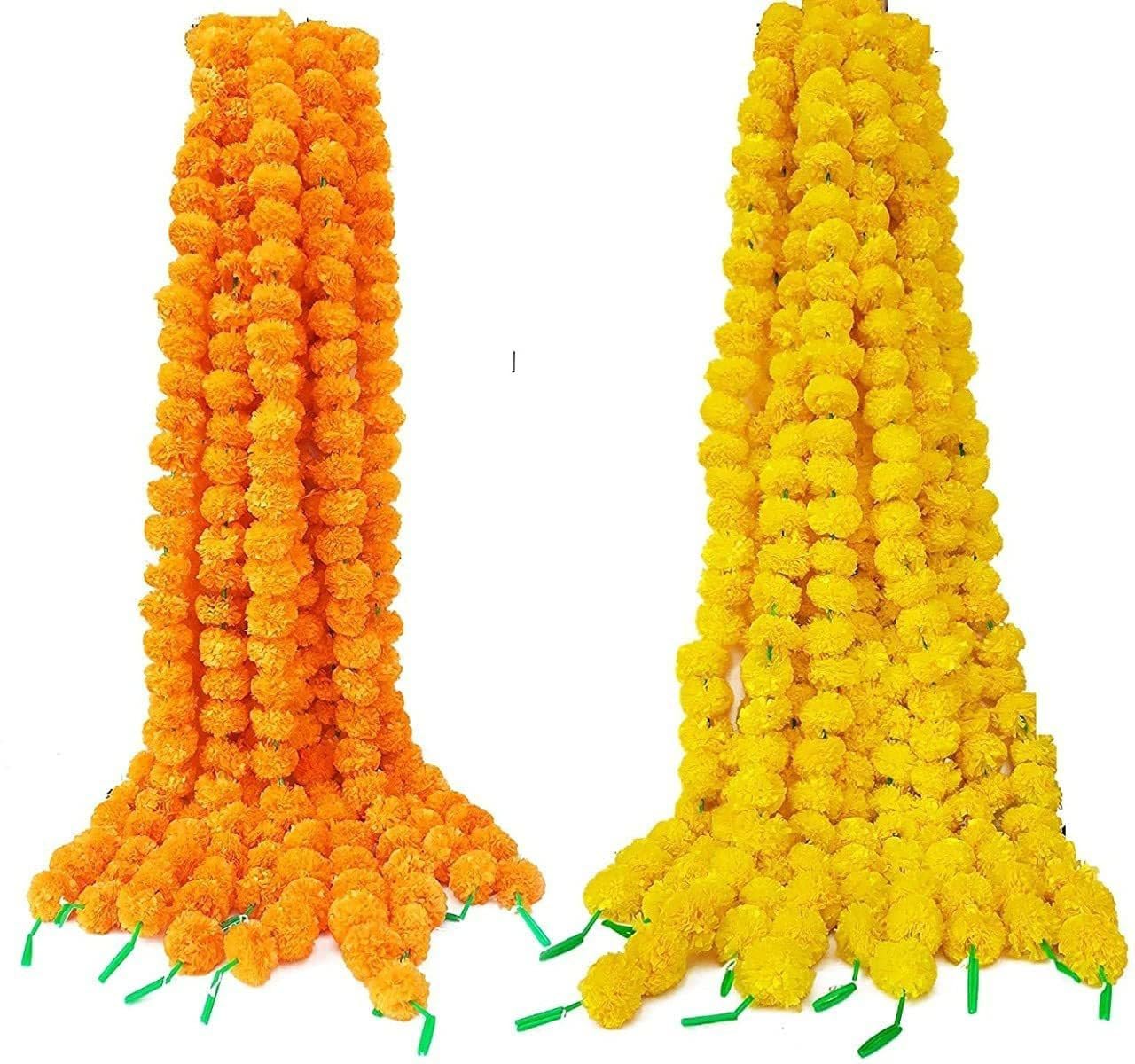 Tiny Shiny Artificial Marigold Flower Garlands, Orange and Yellow, 5 Feet Long, 10 Pc Pack