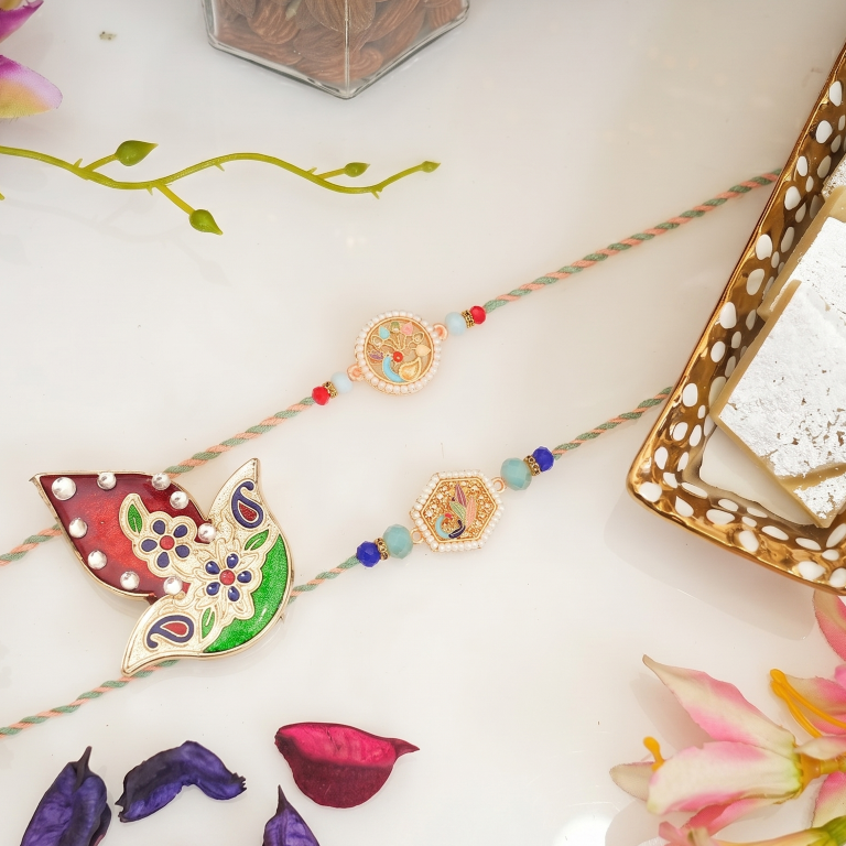 Rakhi Gift Set with 2 Pastel Bird Designer Rakhi Set, Roli Chawa, Sipra, Key Chain and chocolate box