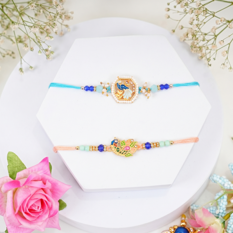Set of 2 Bluebird & Peacock Rakhi Set for Brother, Bhai, Multicolor