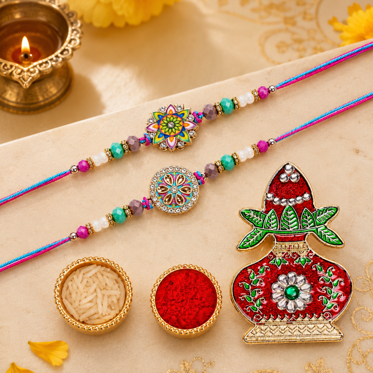 Rakhi Gift Set with 2 Colorful Mandala Rakhi Set, Roli Chawa, Sipra, Key Chain and chocolate box