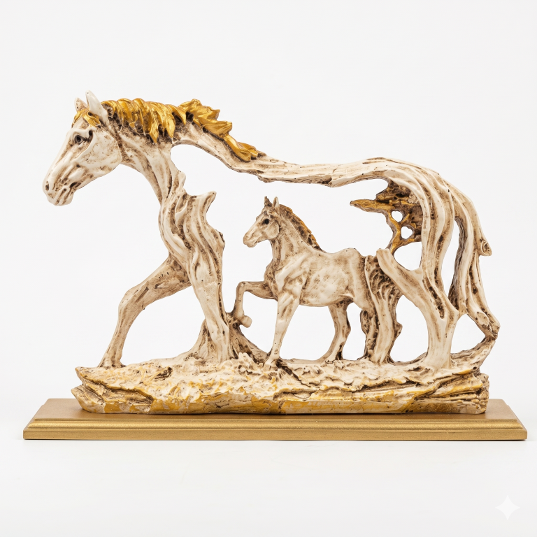 Galloping Horse & Foal Antique Figurine | Majestic Steed Home Decor