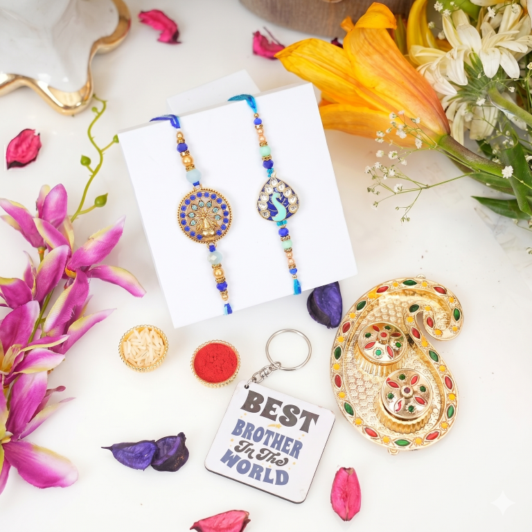 Set of 2 Royal Mandala & Peacock Rakhi Set for Brother & Bhavi, Multicolor