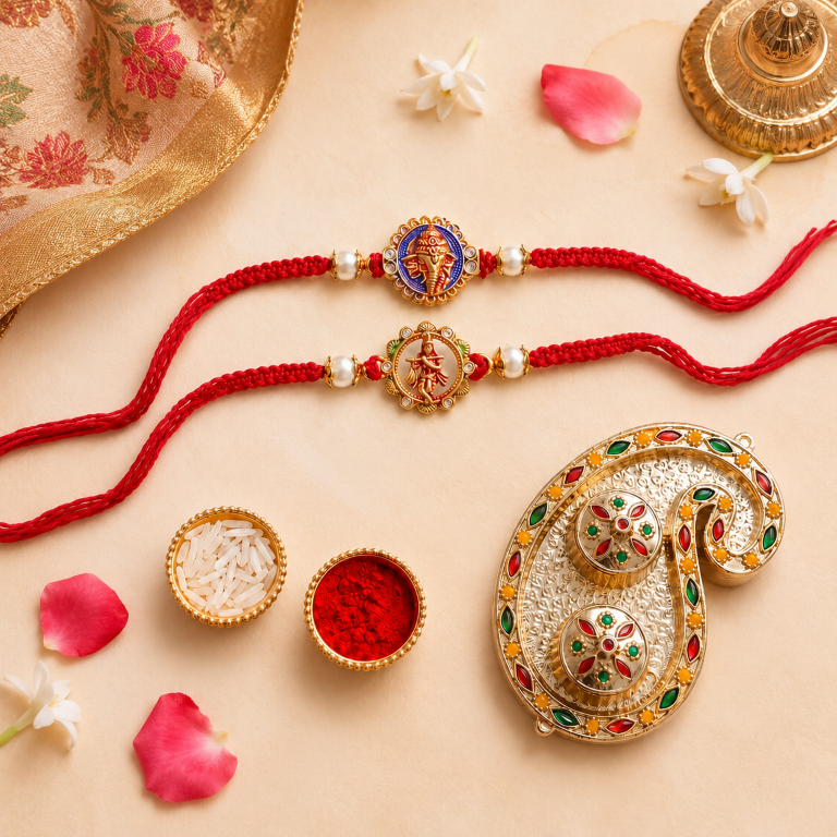 Set of 2 Ganesha & Krishna Rakhi Set for Brother, Bhai, Multicolor