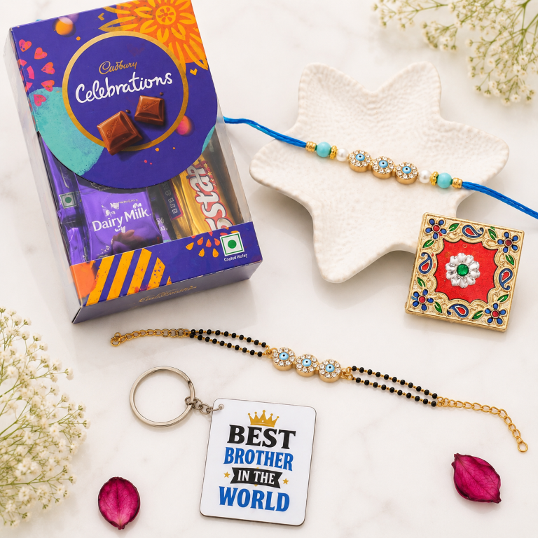 Bhai Bhabhi Rakhi Set | Evil Eye Rakhi & Black Bead Lumba Bracelet