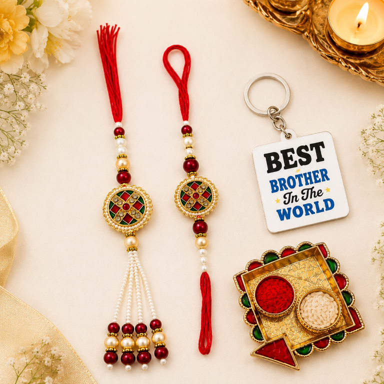Designer Meenakari Bhaiya Bhabhi Rakhi Set with Pearl Lumba – Red & Green Traditional Raksha Bandhan Rakhi