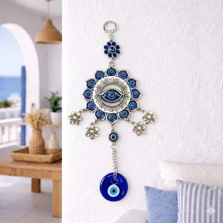 Silver Flower Mandala Evil Eye Wall Hanging with Dangle Charms