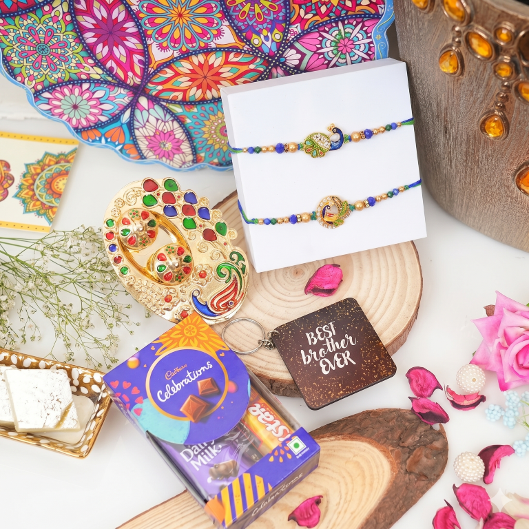Rakhi Gift Set with 2 Royal Peacock Rakhi Set, Roli Chawa, Sipra, Key Chain and chocolate box