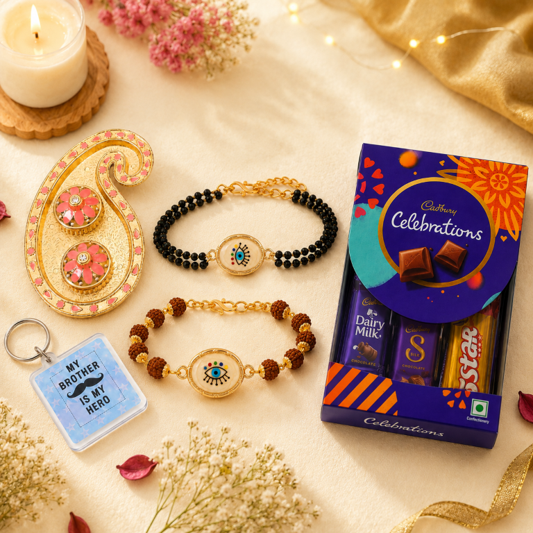 Bhai Bhabhi Rakhi Set | Evil Eye Rakhi & Rudraksha Lumba Bracelet