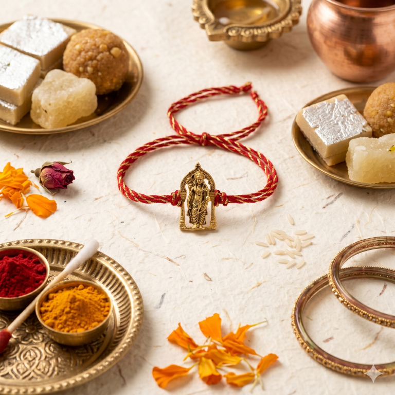 Rakhi Gift Set Brother with Tirupati Ram Lalla Rakhi, Roli Chawa, Sipra, Key Chain and chocolate box