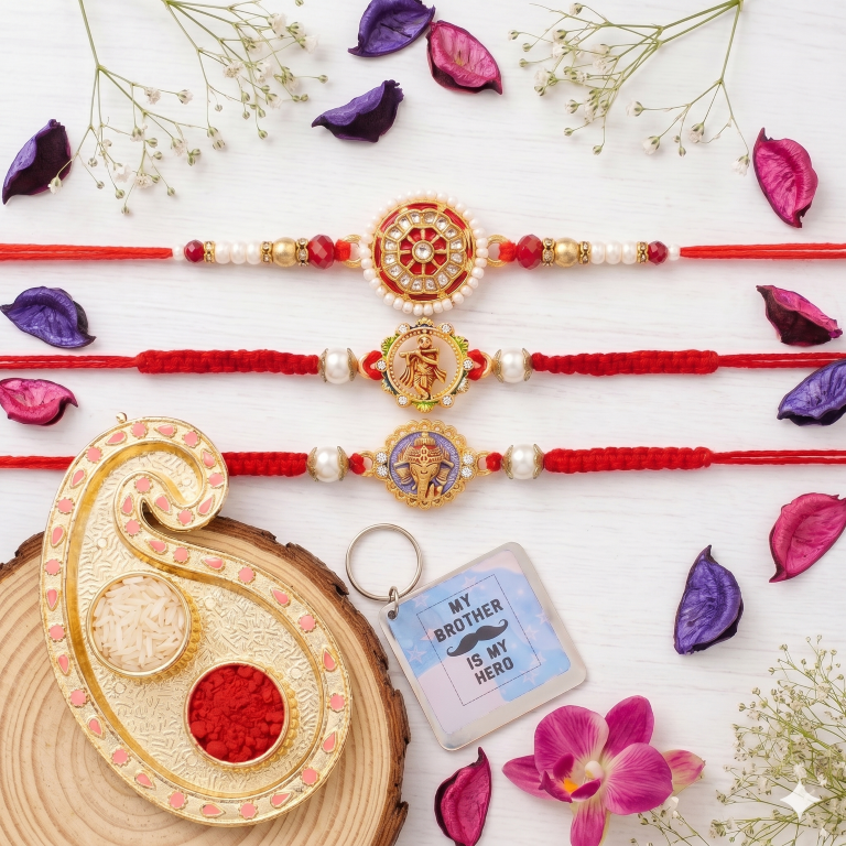 Rakhi Gift Set for Bhai with 3 Krishna Ganesha Rakhi Set, Roli Chawa, Sipra, Key Chain and chocolate box