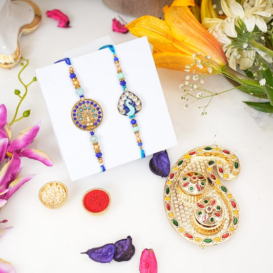 Set of 2 Royal Mandala & Peacock Rakhi Set for Brother & Bhavi, Multicolor