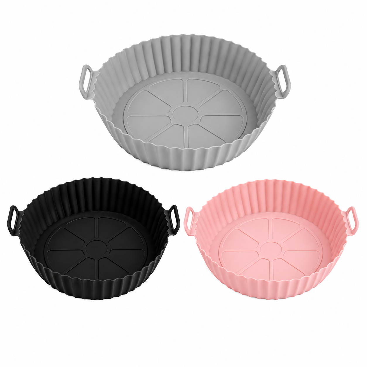 Air Fryer Liners I Round Silicone Basket Baking Tray I Pot with Ear Handles I Nonstick Reusable Heat Resistant I Cooking Oven Insert Accessories - Multicolor (Pack of 3)