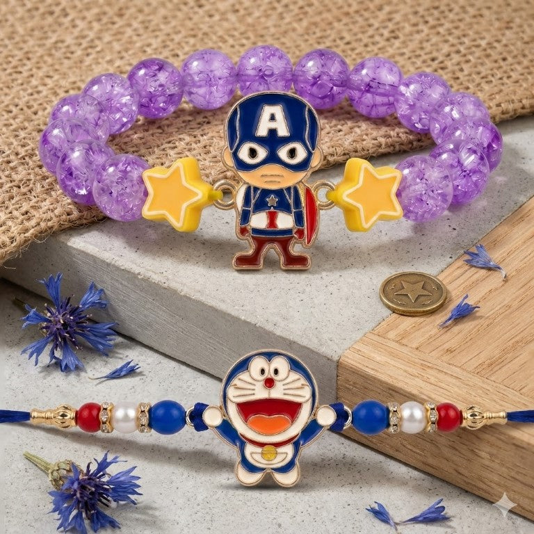 Tiny Shiny Captain America & Doraemon Kids Rakhi Set of 2 Designer Rakhi for Brother